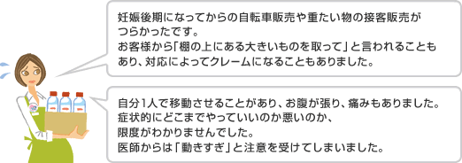 妊娠後期になってからの自転車販売や重たい物の接客販売がつらかったです。お客様から「棚の上にある大きいものを取って」と言われることもあり、対応によってクレームになることもありました。／1日中立ち姿勢でいることが多く、ヘルニアになってしまい、妊娠後期は痛みでつらかったです。／自分１人で移動させることがあり、お腹が張り、痛みもありました。症状的にどこまでやっていいのか悪いのか、限度がわかりませんでした。医師からは「動きすぎ」と注意を受けてしまいました。